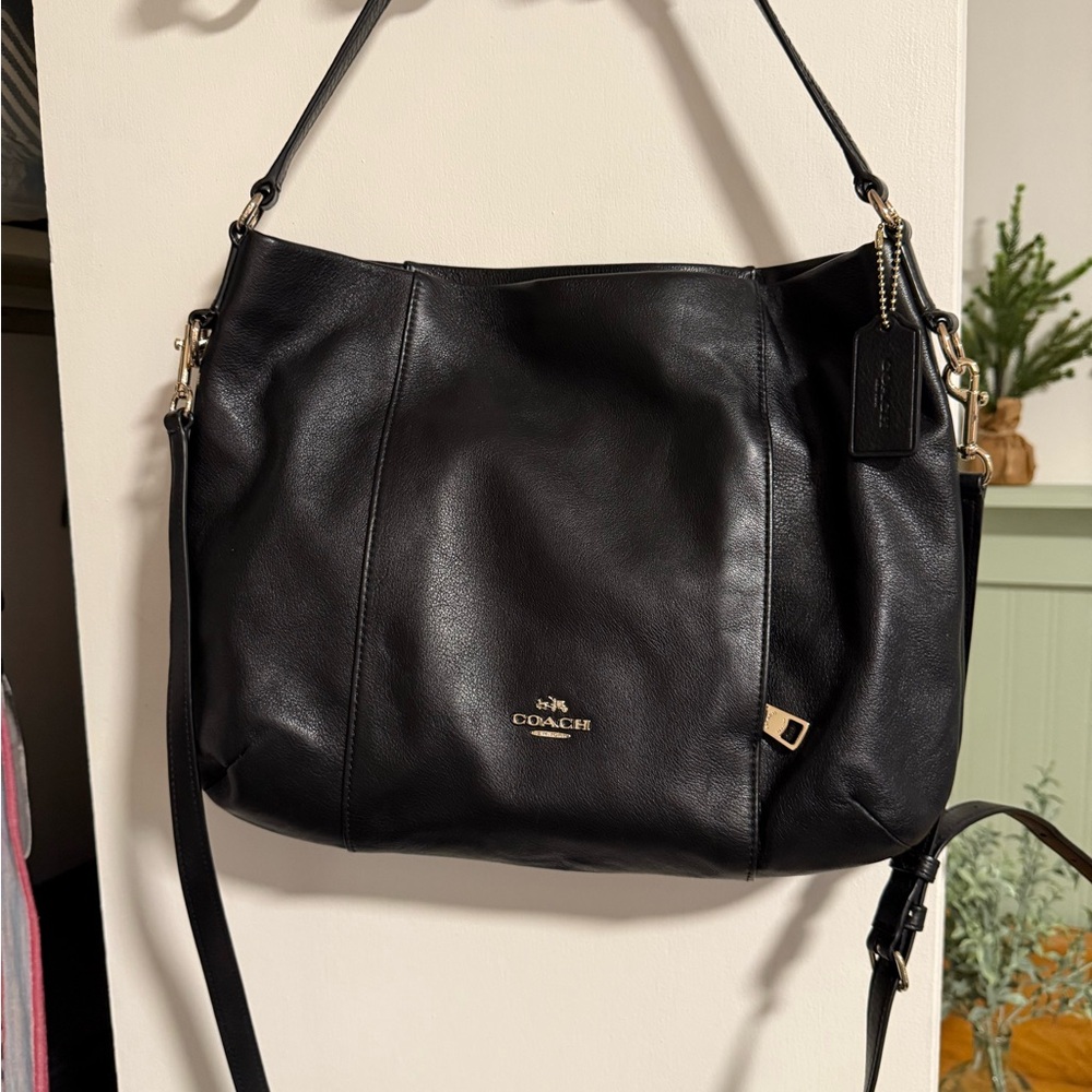 Coach Black Leather Shoulder Bag with Gold Accents